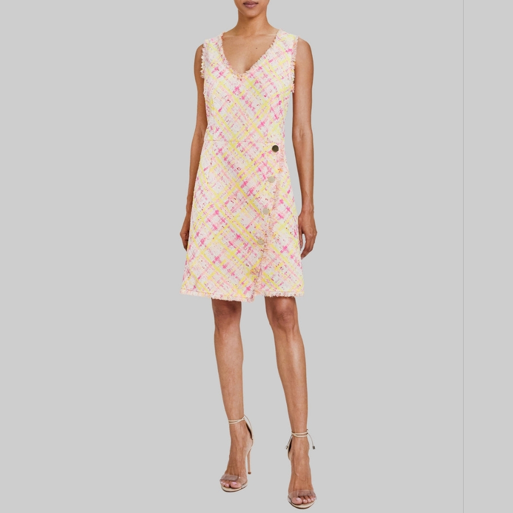 Santorelli Elia Plaid Tweed Sleeveless Asymmetric Petal Pink Mini-Dress Size 44